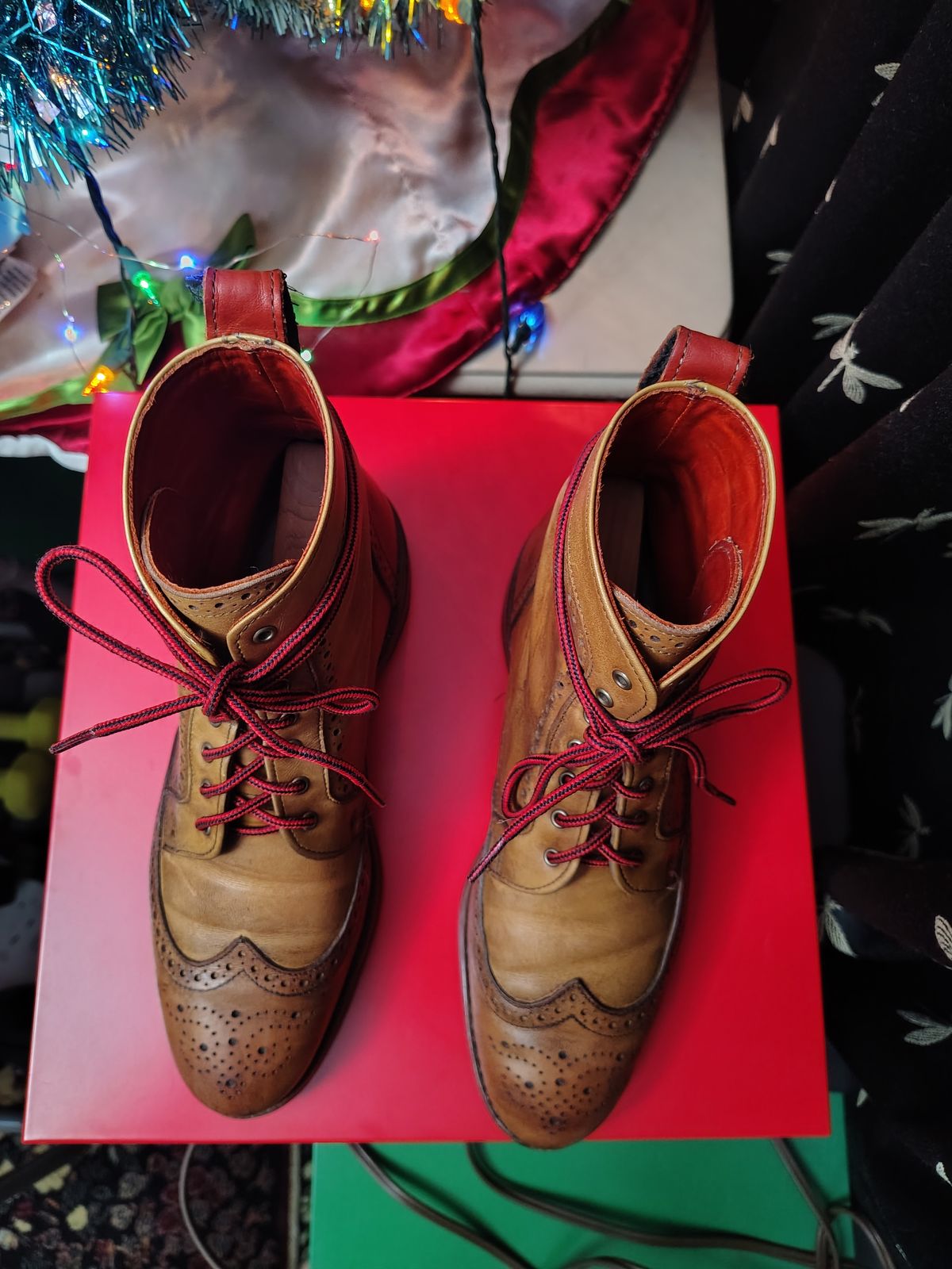 Photo by EMJ on January 3, 2026 of the Allen Edmonds Dalton Wingtip Dress Boot in Walnut Calfskin.