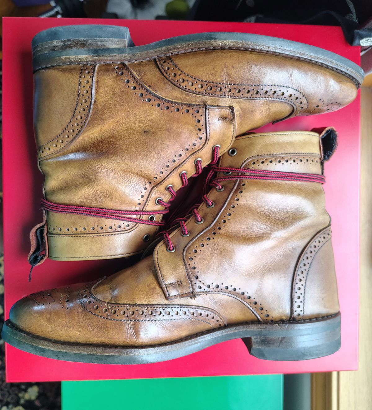 Photo by EMJ on March 4, 2026 of the Allen Edmonds Dalton Wingtip Dress Boot in Walnut Calfskin.