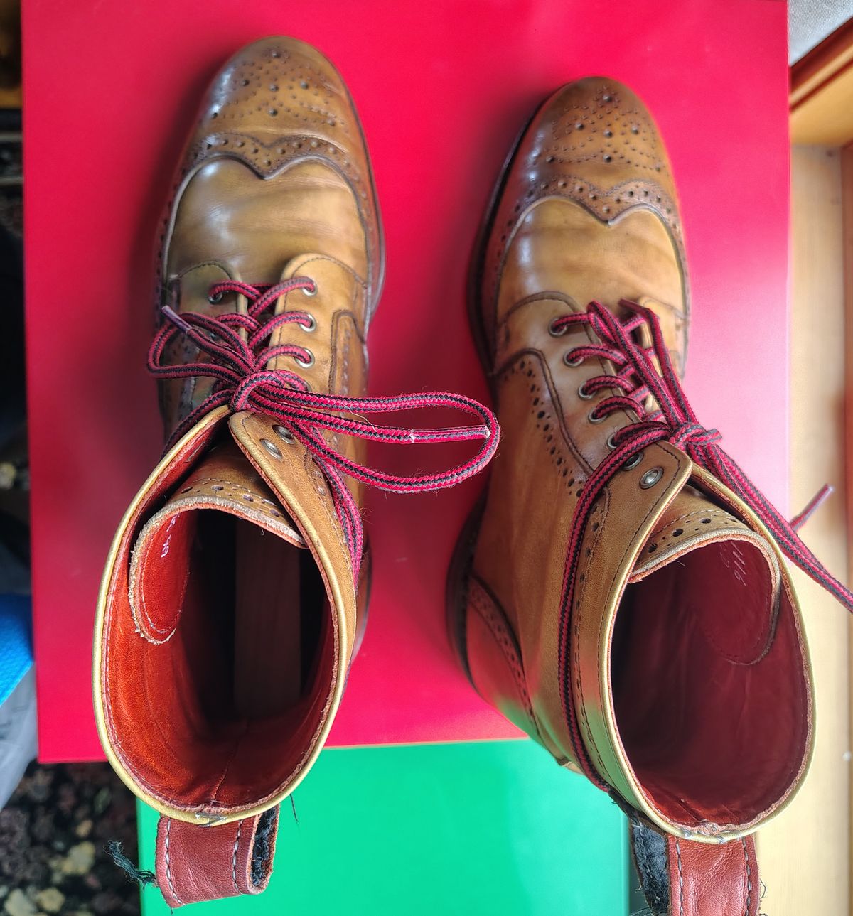 Photo by EMJ on March 4, 2026 of the Allen Edmonds Dalton Wingtip Dress Boot in Walnut Calfskin.