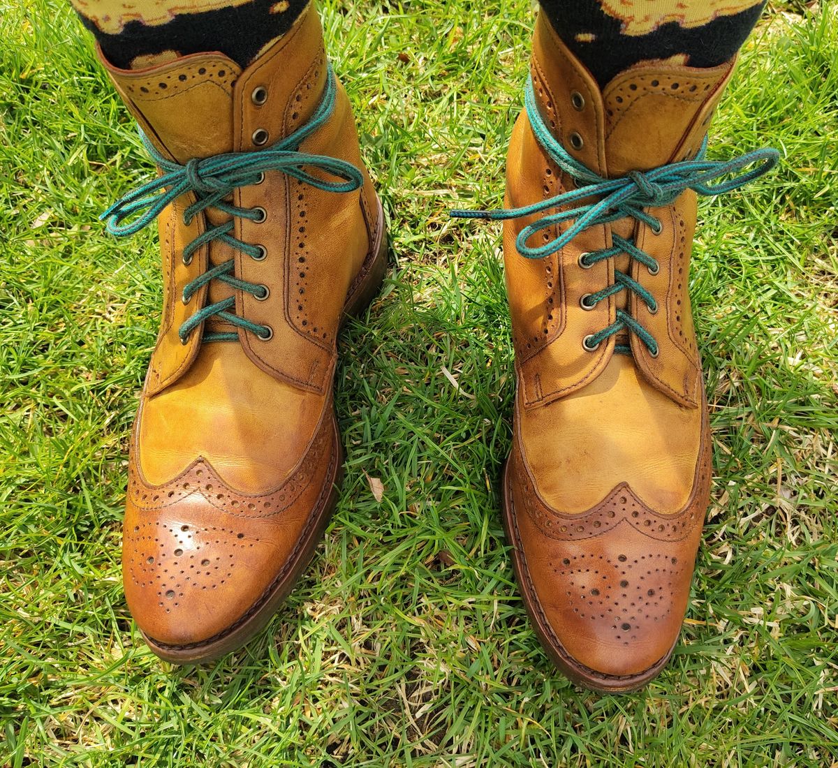 Photo by EMJ on April 3, 2026 of the Allen Edmonds Dalton Wingtip Dress Boot in Walnut Calfskin.