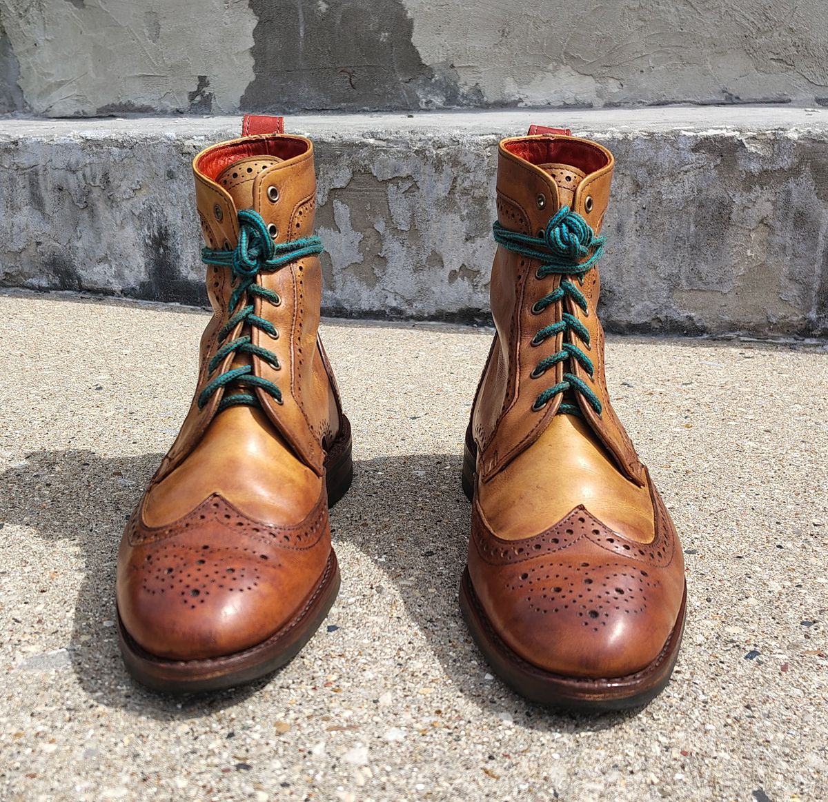 Photo by EMJ on April 3, 2026 of the Allen Edmonds Dalton Wingtip Dress Boot in Walnut Calfskin.