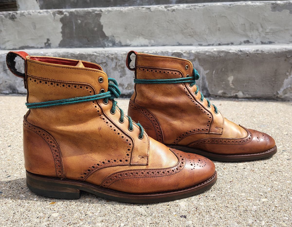Photo by EMJ on April 3, 2026 of the Allen Edmonds Dalton Wingtip Dress Boot in Walnut Calfskin.