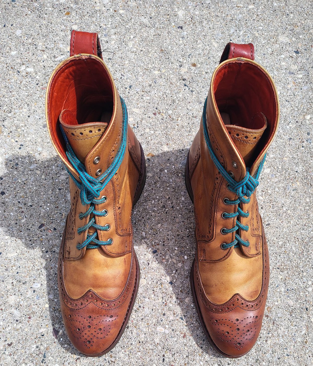 Photo by EMJ on April 3, 2026 of the Allen Edmonds Dalton Wingtip Dress Boot in Walnut Calfskin.