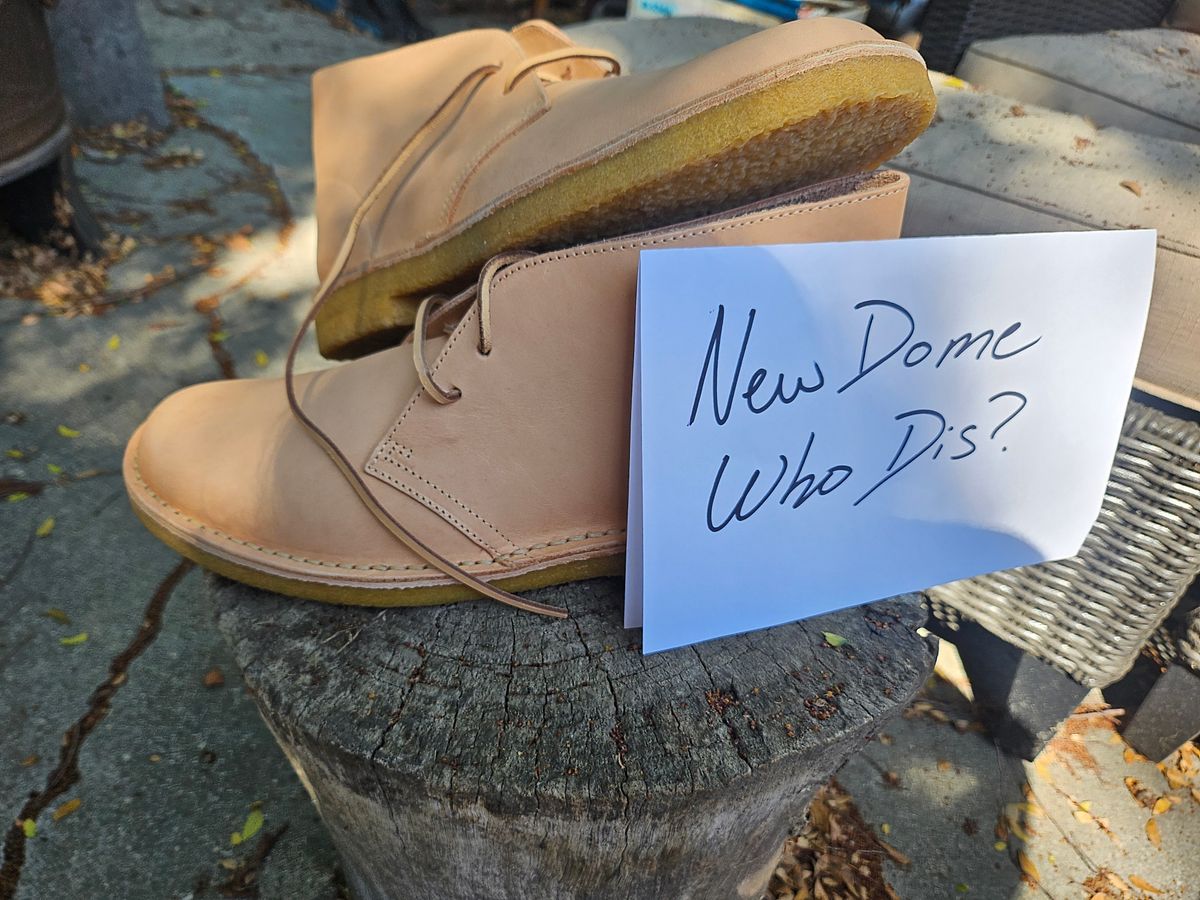 Photo by jackboot_jamstring on October 1, 2025 of the Clarks Desert Boot in Unknown Natural Veg Tan.