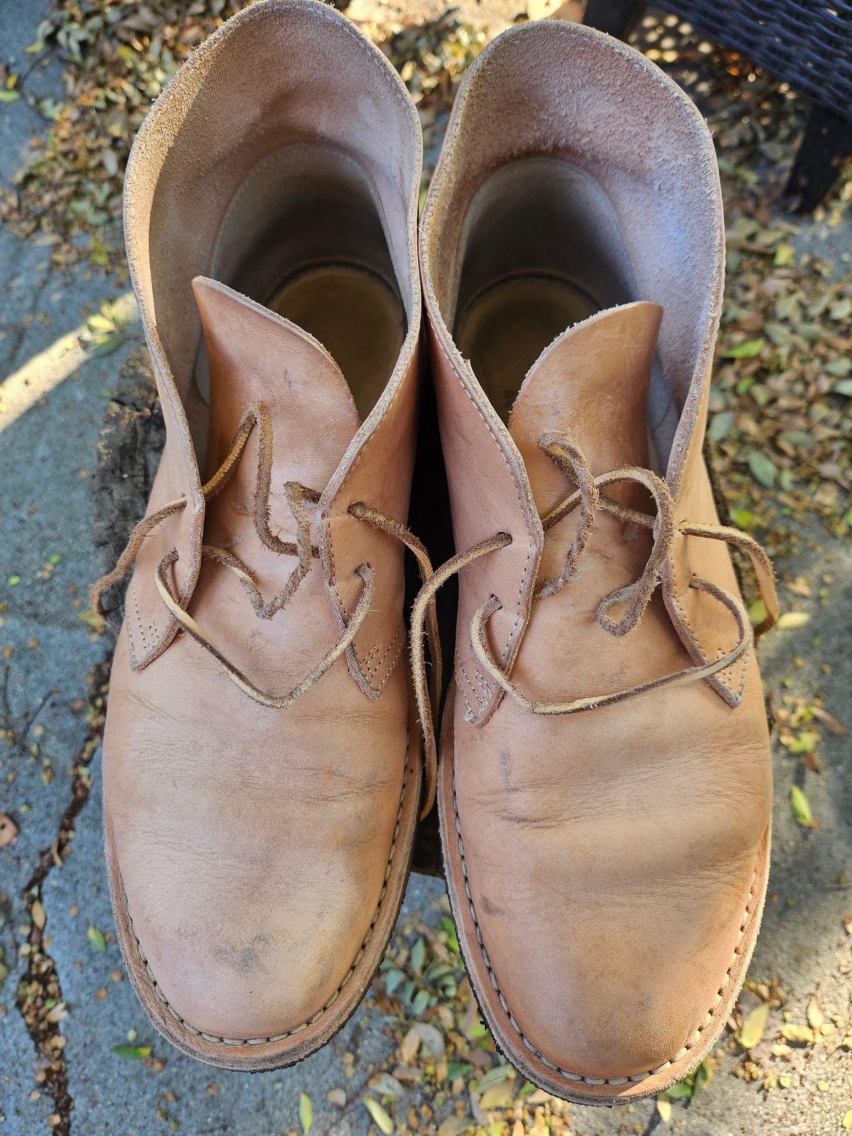 Photo by jackboot_jamstring on November 3, 2025 of the Clarks Desert Boot in Unknown Natural Veg Tan.