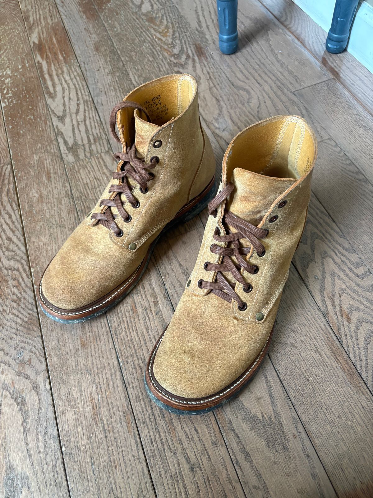 Photo by RTRSnk004 on March 14, 2026 of the Buzz Rickson’s X Unsung House M43 Service Boot in Combination-tanned Camel Cowhide.