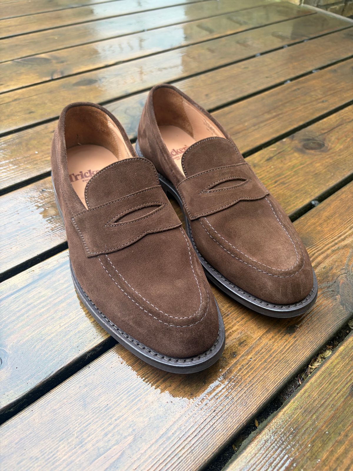 Photo by JSD on June 20, 2026 of the Tricker's Adam Penny Loafer in C.F. Stead Cafe Repello Calf Suede.