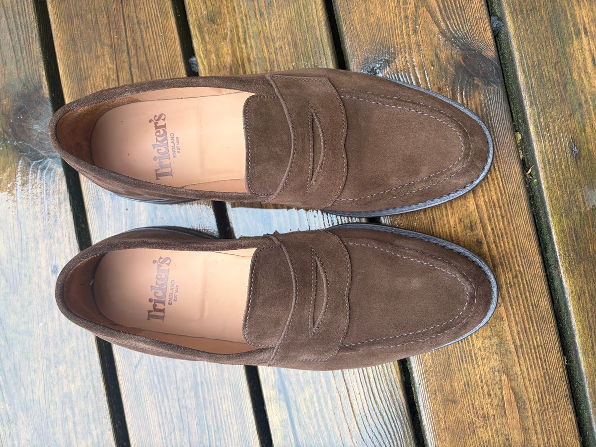 Photo by JSD on June 20, 2026 of the Tricker's Adam Penny Loafer in C.F. Stead Cafe Repello Calf Suede.