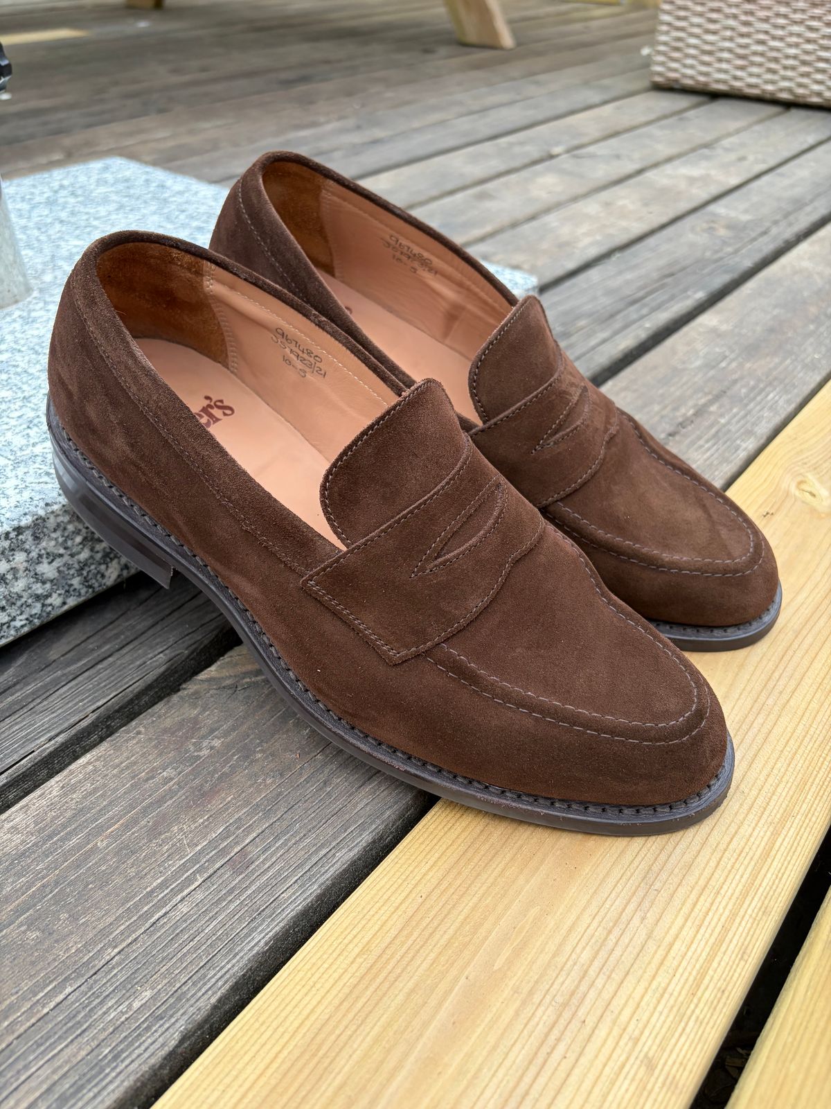 Photo by JSD on June 27, 2026 of the Tricker's Adam Penny Loafer in C.F. Stead Cafe Repello Calf Suede.