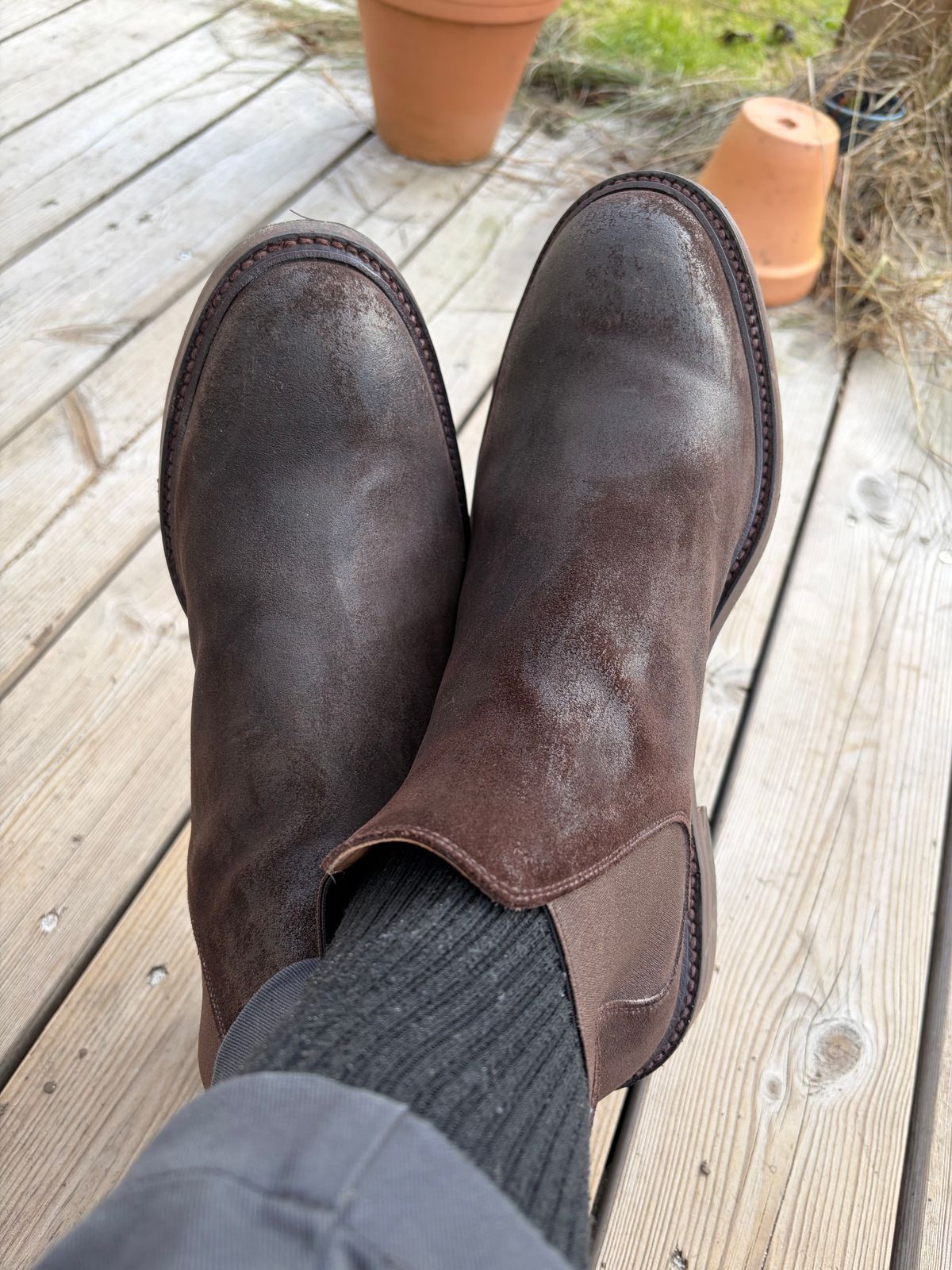 Photo by JSD on March 10, 2026 of the Crockett & Jones Chelsea 11 in Dark Brown Roughout Suede.