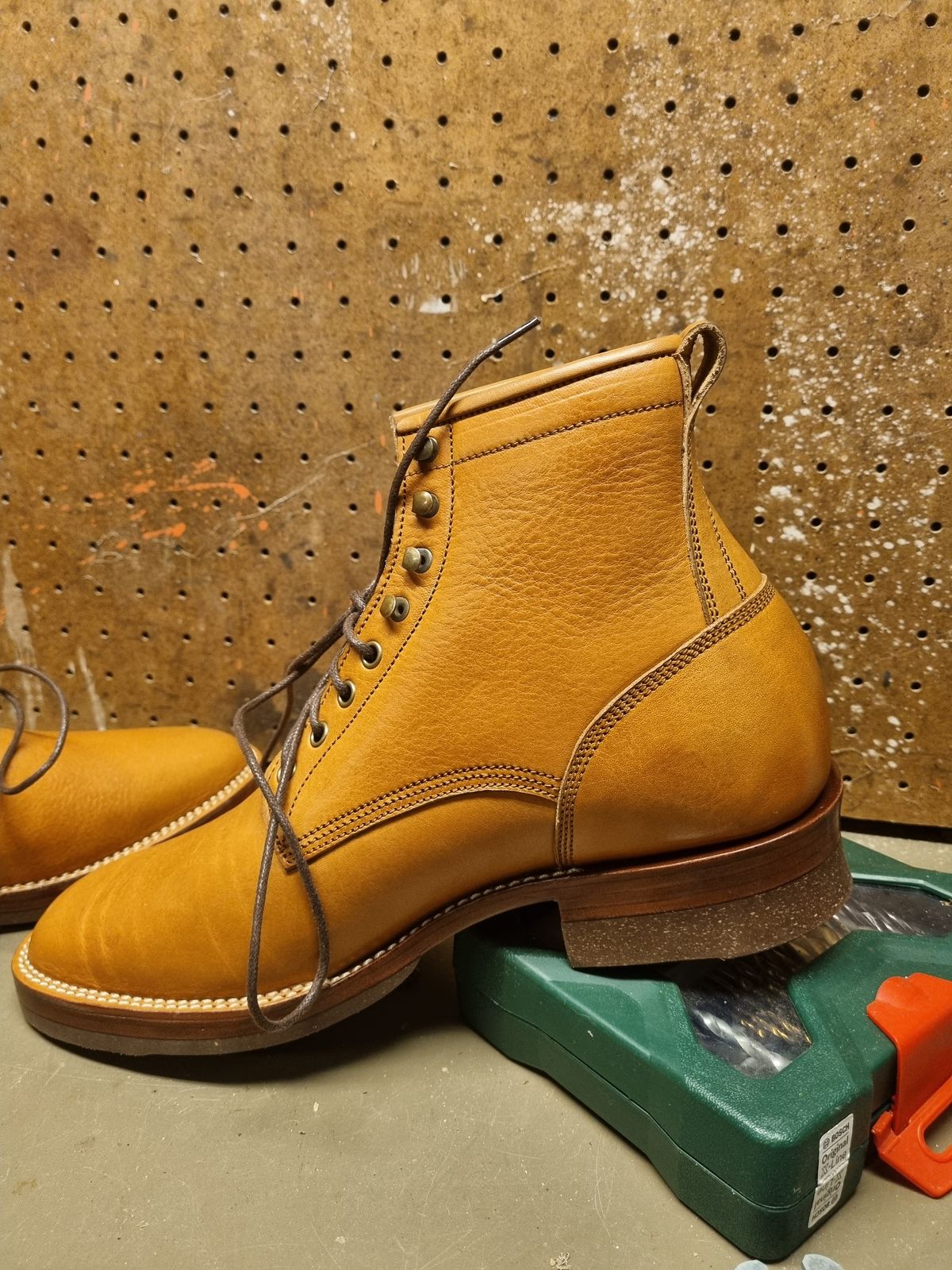 Photo by JSD on March 26, 2025 of the Jakkrabbits Logger Boot in Tochigi Oil Vachetta #1 Light Brown.