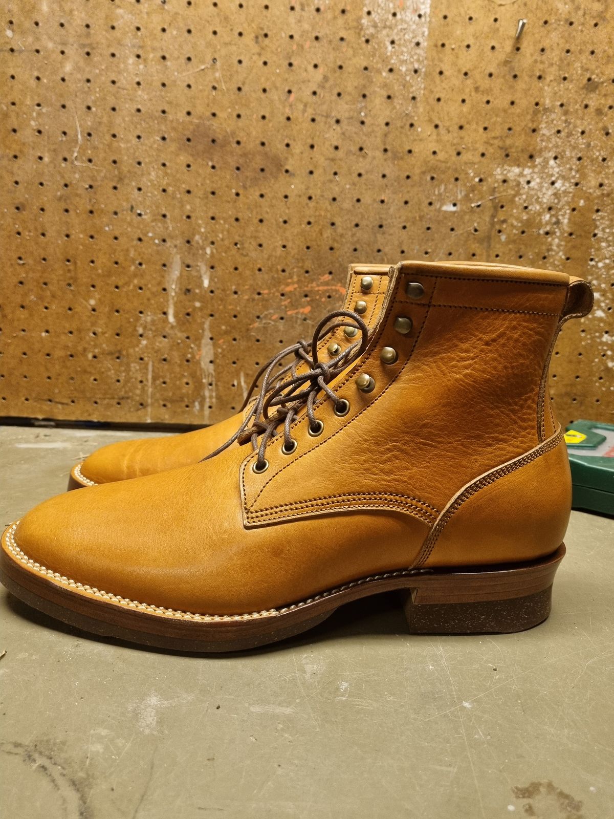 Photo by JSD on March 26, 2025 of the Jakkrabbits Logger Boot in Tochigi Oil Vachetta #1 Light Brown.