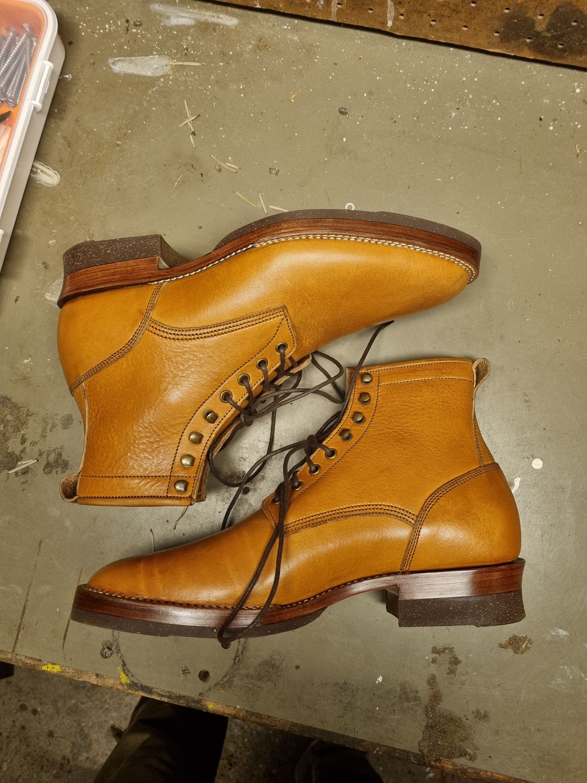 Photo by JSD on March 26, 2025 of the Jakkrabbits Logger Boot in Tochigi Oil Vachetta #1 Light Brown.