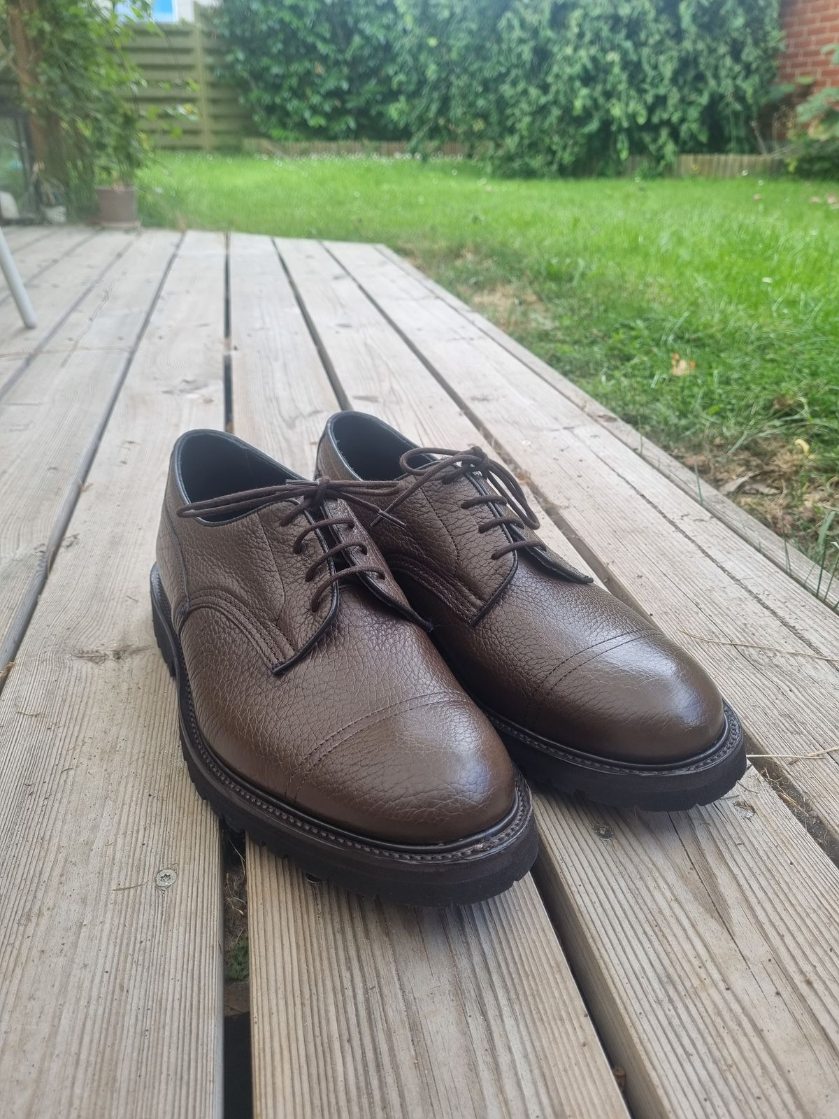 Photo by JSD on July 28, 2025 of the Tricker's Matlock Derby Shoe in Dark Brown Olivia Scotch Grain.