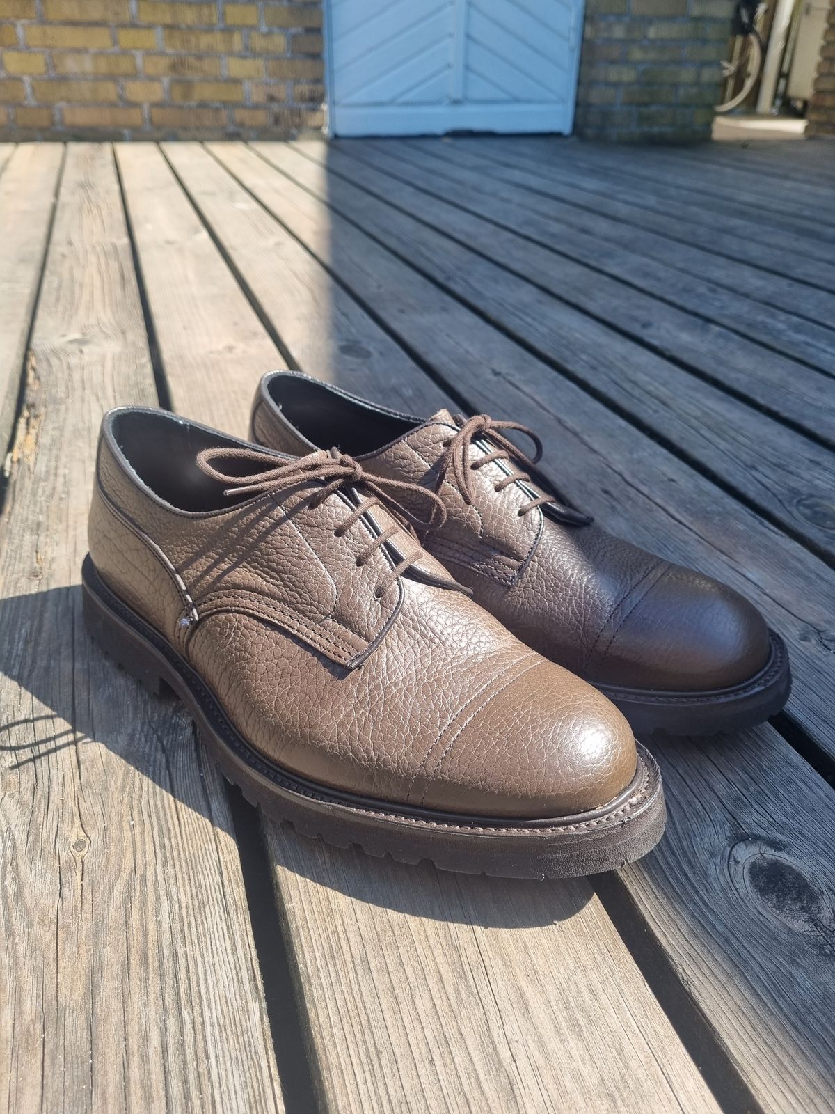 Photo by JSD on July 31, 2025 of the Tricker's Matlock Derby Shoe in Dark Brown Olivia Scotch Grain.