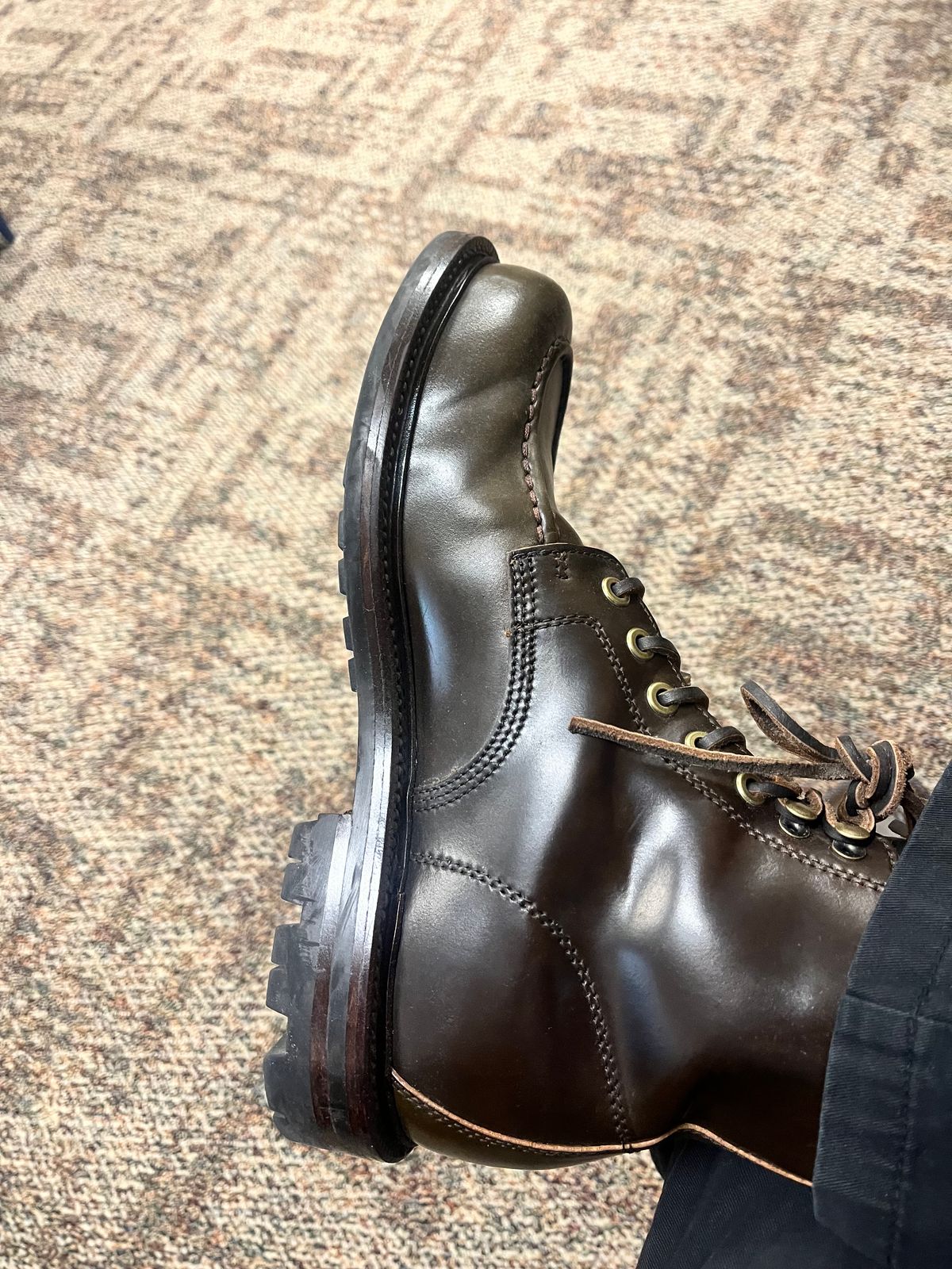 Photo by Apexxx on June 15, 2025 of the Grant Stone Brass Boot in Horween Maduro Shell Cordovan.