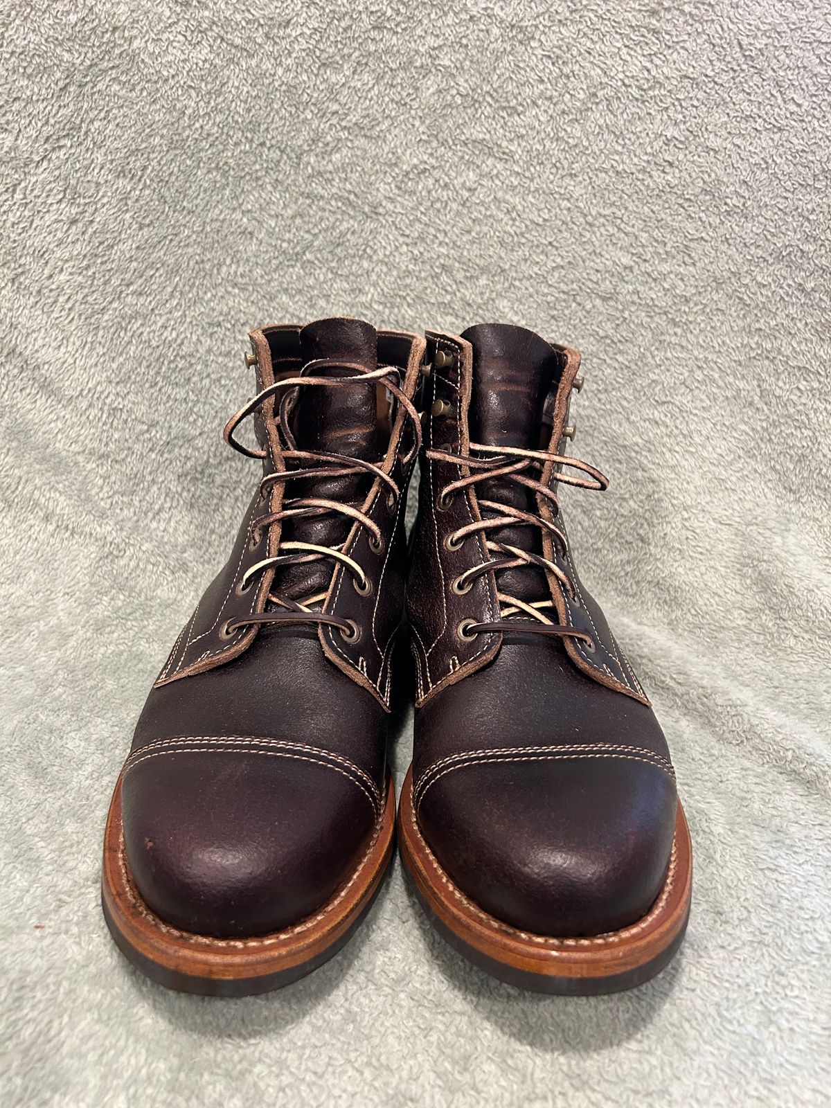 Photo by MennoNaseem on May 10, 2025 of the Truman Cap Toe Boot in Horween Java Waxed Flesh.