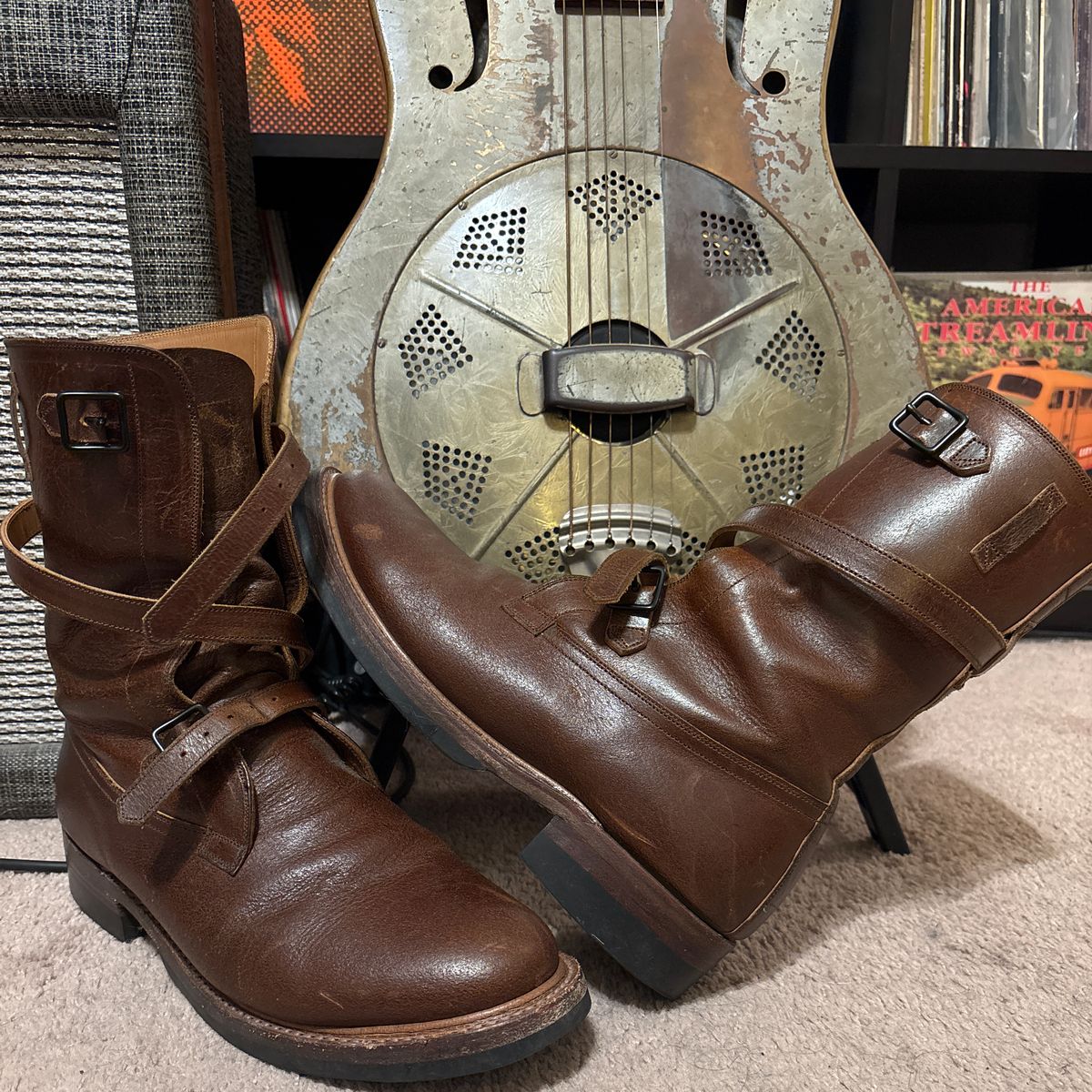 Photo by sophisto79 on April 19, 2025 of the Eastman Leather Tanker Boots in Horween Havana Burnished Roughout.