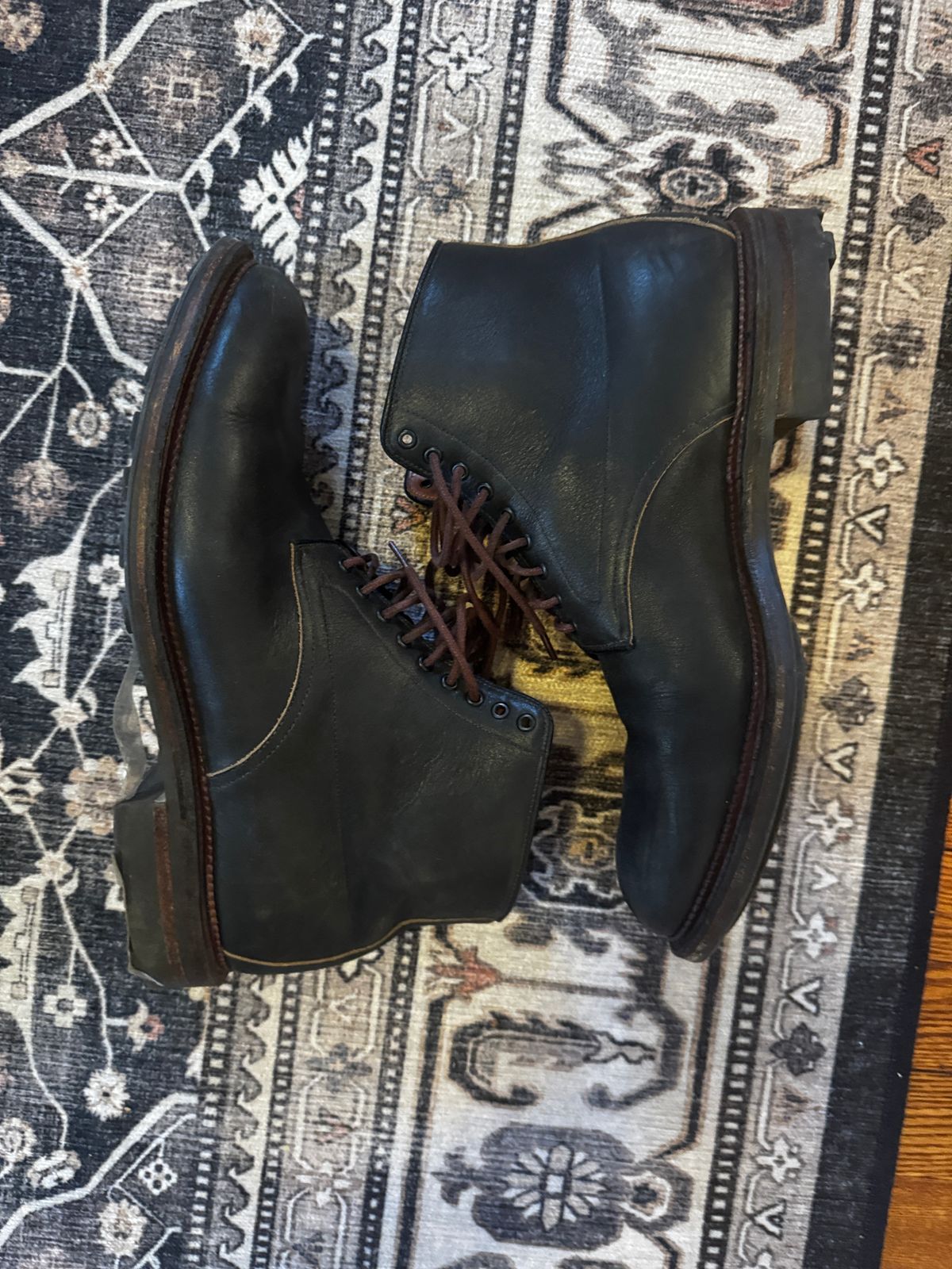 Photo by bigbootyboots on January 5, 2025 of the Viberg Navvy Boot in Horween Washed Chromexcel.