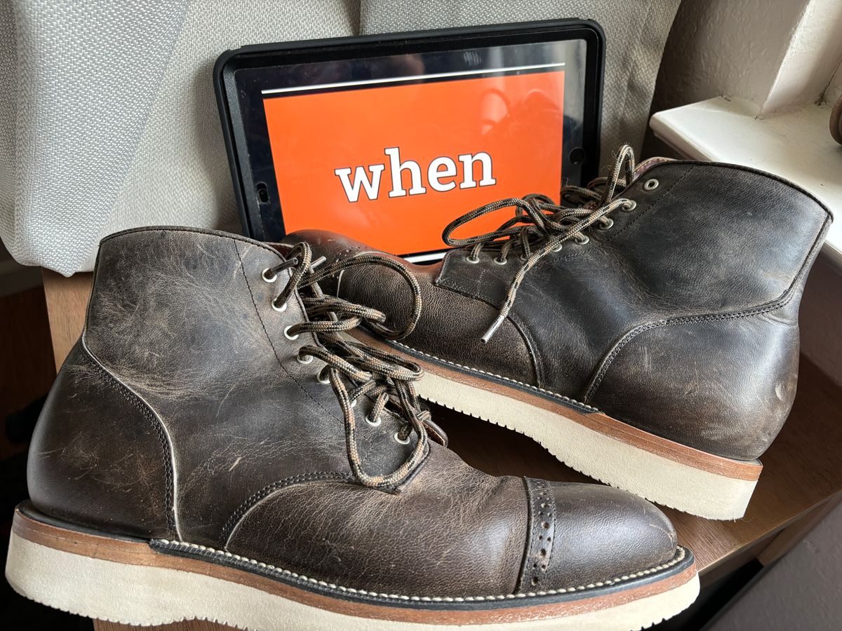 Photo by j03_gr1nd on November 5, 2024 of the Grant Stone Garrison Boot in teton waxy stag from gallun tannery.