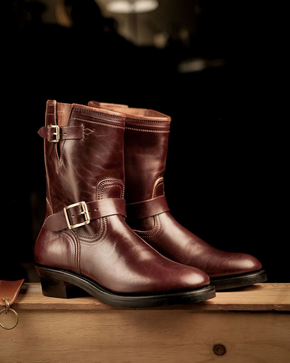 Photo by notyourordinaryfade on September 27, 2025 of the Briselblack The Keeper 'Type 3' Engineer Boots in Maryam Toscanello Horsebutt Overdyed Oxblood.