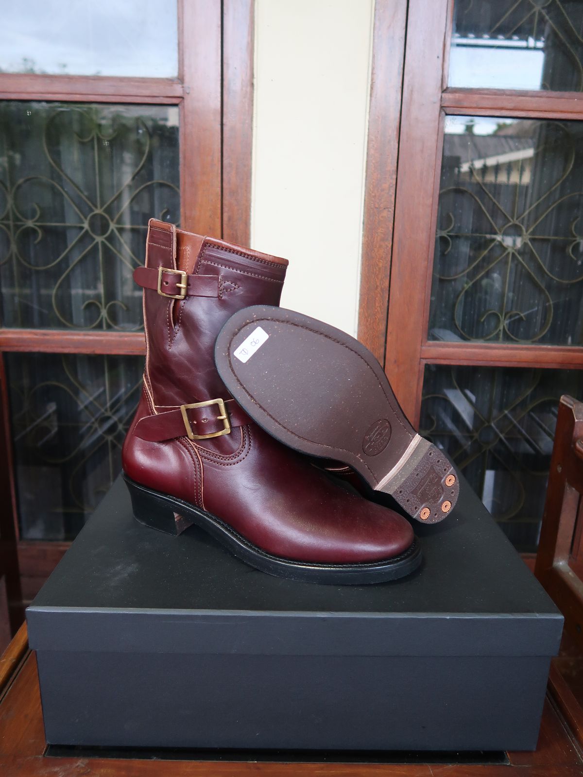 Photo by notyourordinaryfade on October 1, 2025 of the Briselblack The Keeper 'Type 3' Engineer Boots in Maryam Toscanello Horsebutt Overdyed Oxblood.