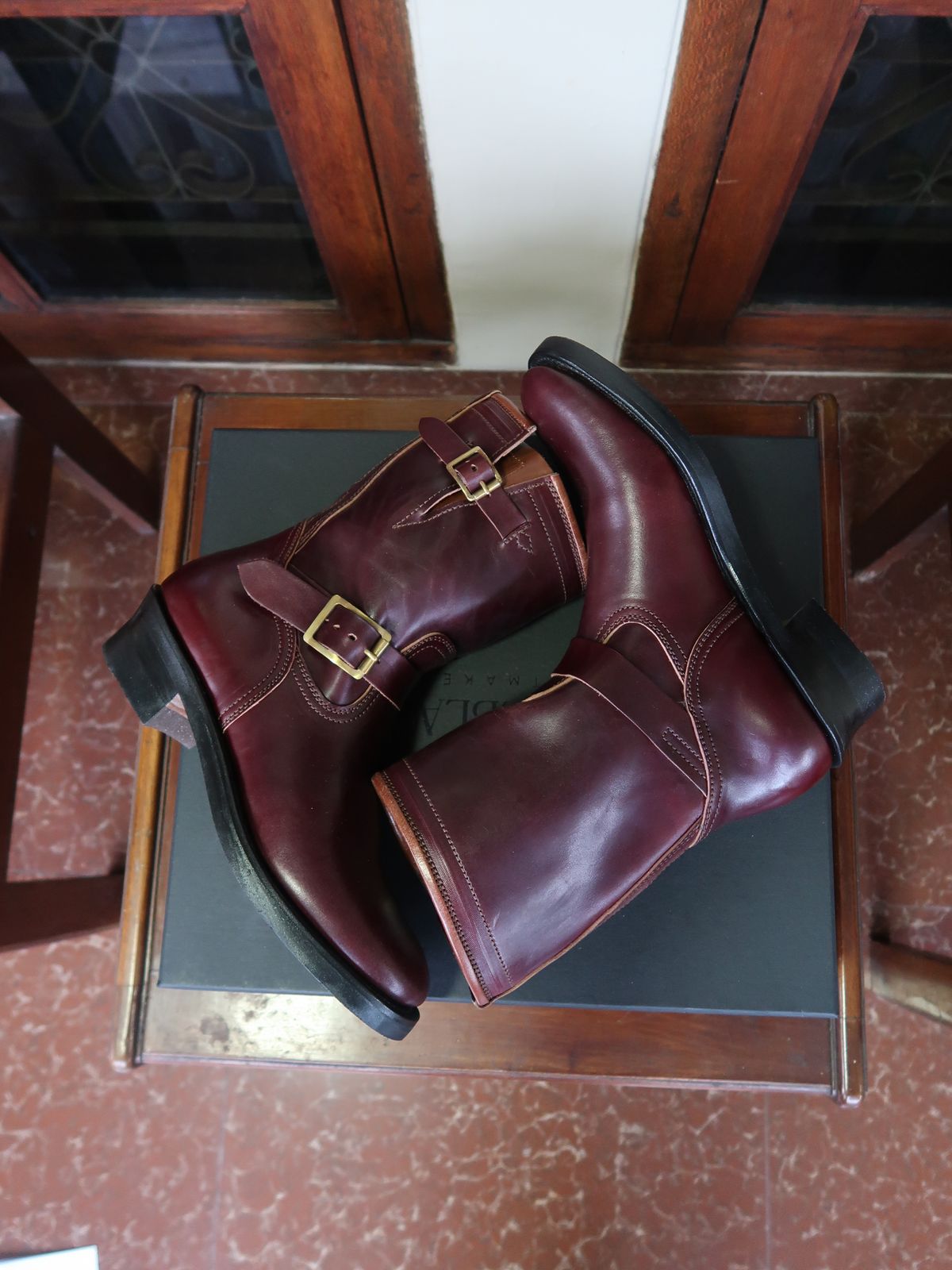 Photo by notyourordinaryfade on October 1, 2025 of the Briselblack The Keeper 'Type 3' Engineer Boots in Maryam Toscanello Horsebutt Overdyed Oxblood.