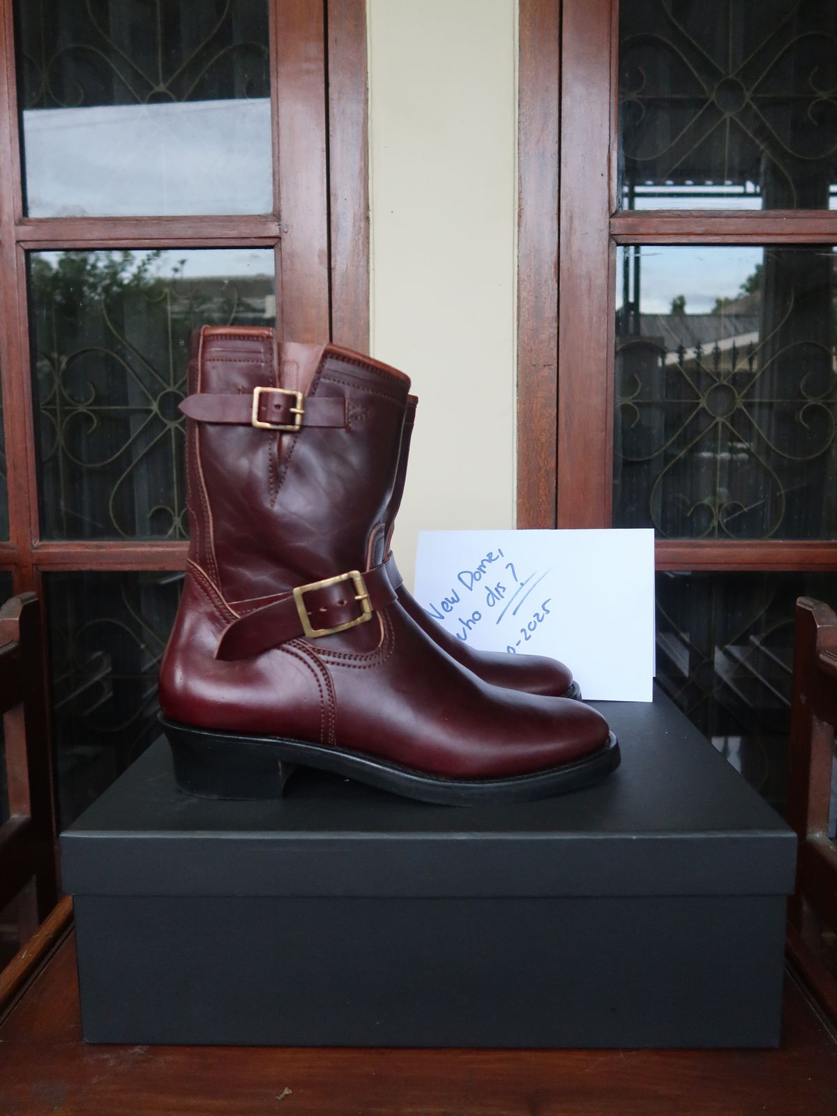Photo by notyourordinaryfade on October 1, 2025 of the Briselblack The Keeper 'Type 3' Engineer Boots in Maryam Toscanello Horsebutt Overdyed Oxblood.
