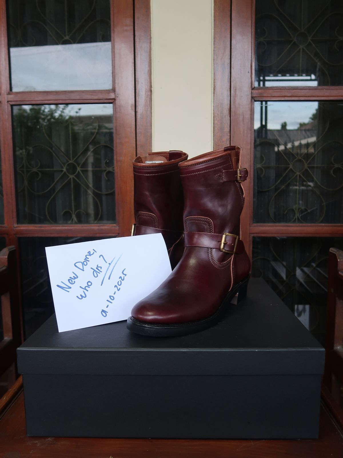 Photo by notyourordinaryfade on October 1, 2025 of the Briselblack The Keeper 'Type 3' Engineer Boots in Maryam Toscanello Horsebutt Overdyed Oxblood.