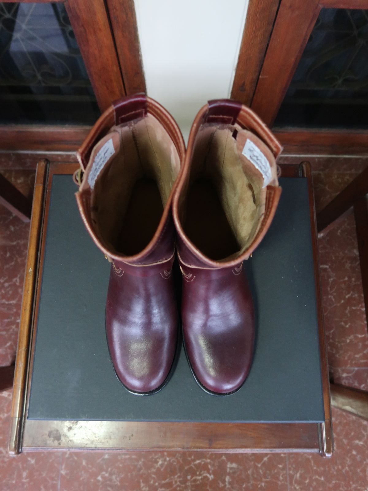 Photo by notyourordinaryfade on October 1, 2025 of the Briselblack The Keeper 'Type 3' Engineer Boots in Maryam Toscanello Horsebutt Overdyed Oxblood.