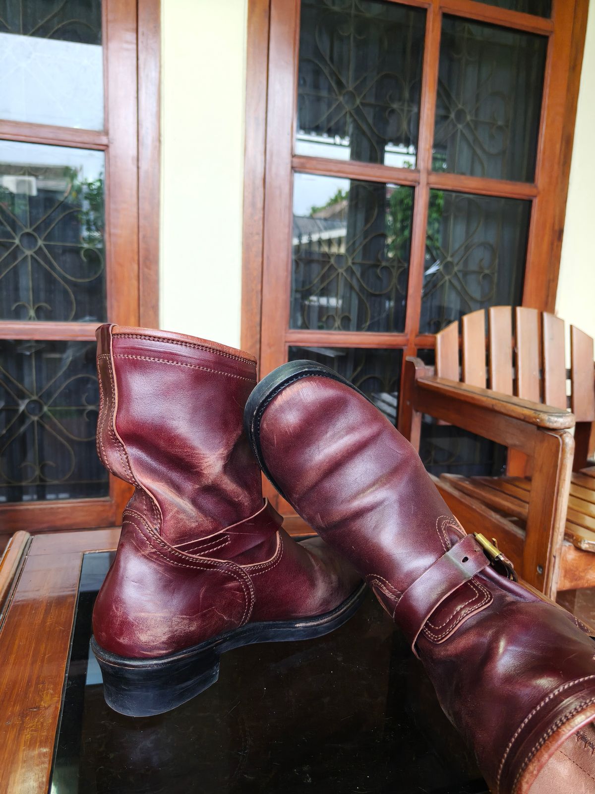 Photo by notyourordinaryfade on November 3, 2025 of the Briselblack The Keeper 'Type 3' Engineer Boots in Maryam Toscanello Horsebutt Overdyed Oxblood.