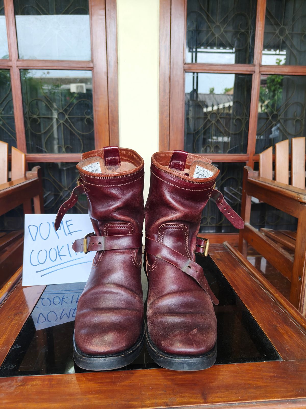 Photo by notyourordinaryfade on November 3, 2025 of the Briselblack The Keeper 'Type 3' Engineer Boots in Maryam Toscanello Horsebutt Overdyed Oxblood.