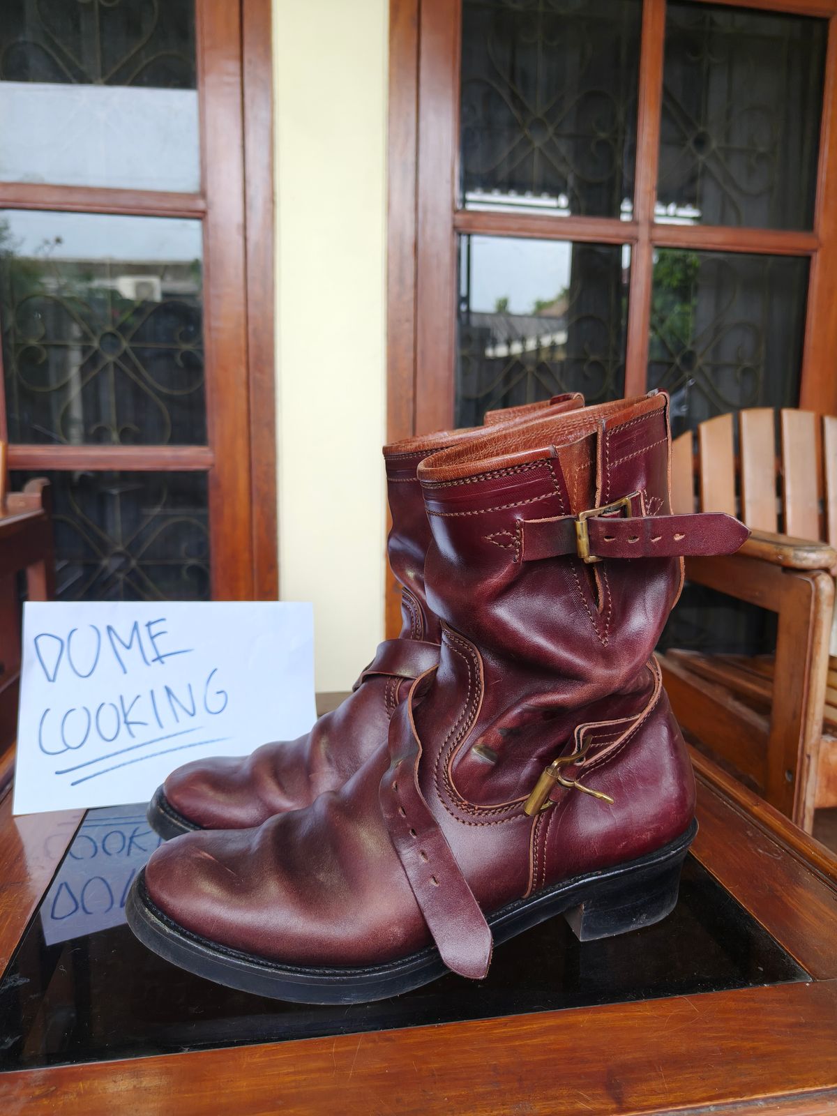 Photo by notyourordinaryfade on November 3, 2025 of the Briselblack The Keeper 'Type 3' Engineer Boots in Maryam Toscanello Horsebutt Overdyed Oxblood.
