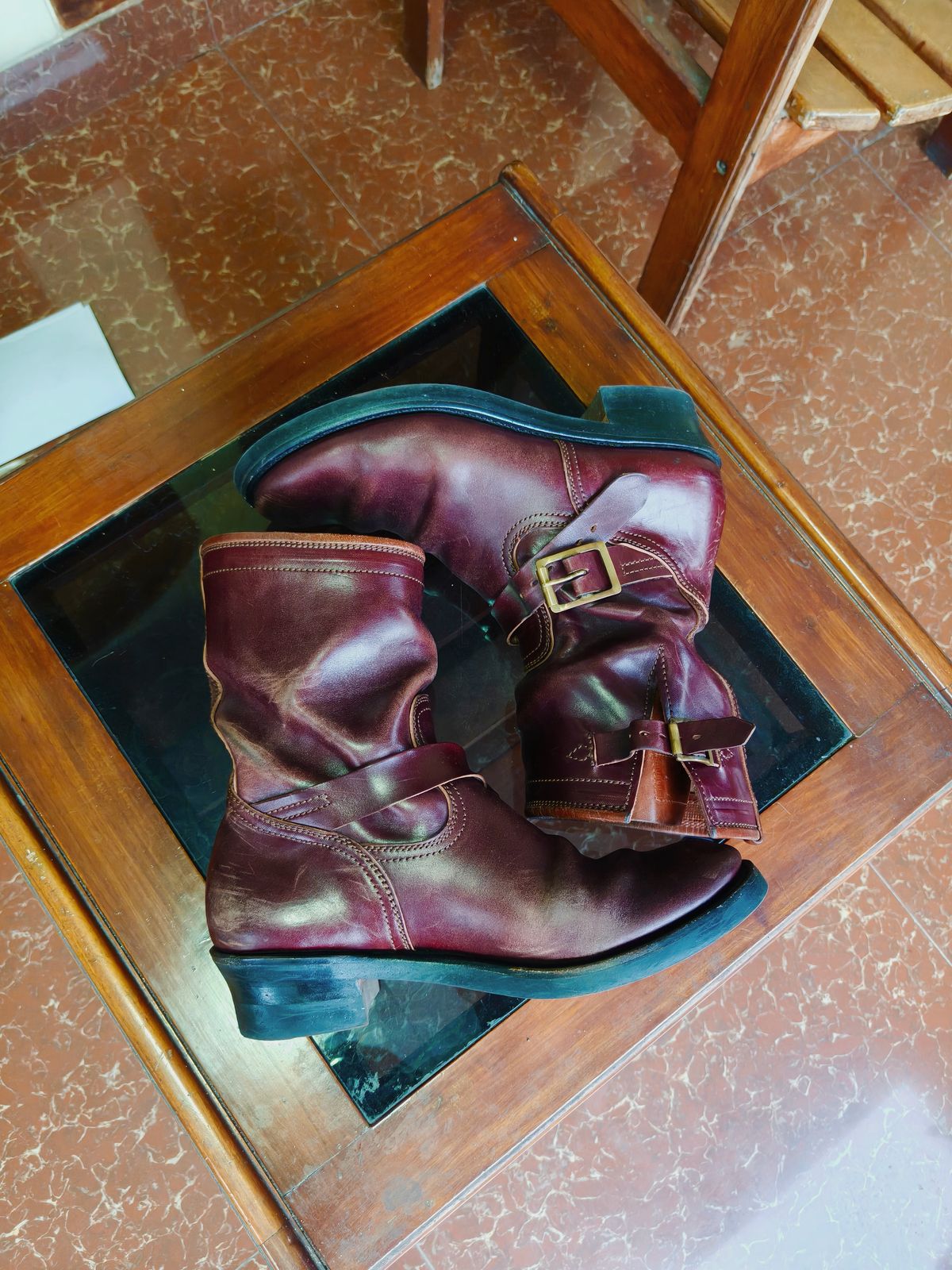 Photo by notyourordinaryfade on November 3, 2025 of the Briselblack The Keeper 'Type 3' Engineer Boots in Maryam Toscanello Horsebutt Overdyed Oxblood.