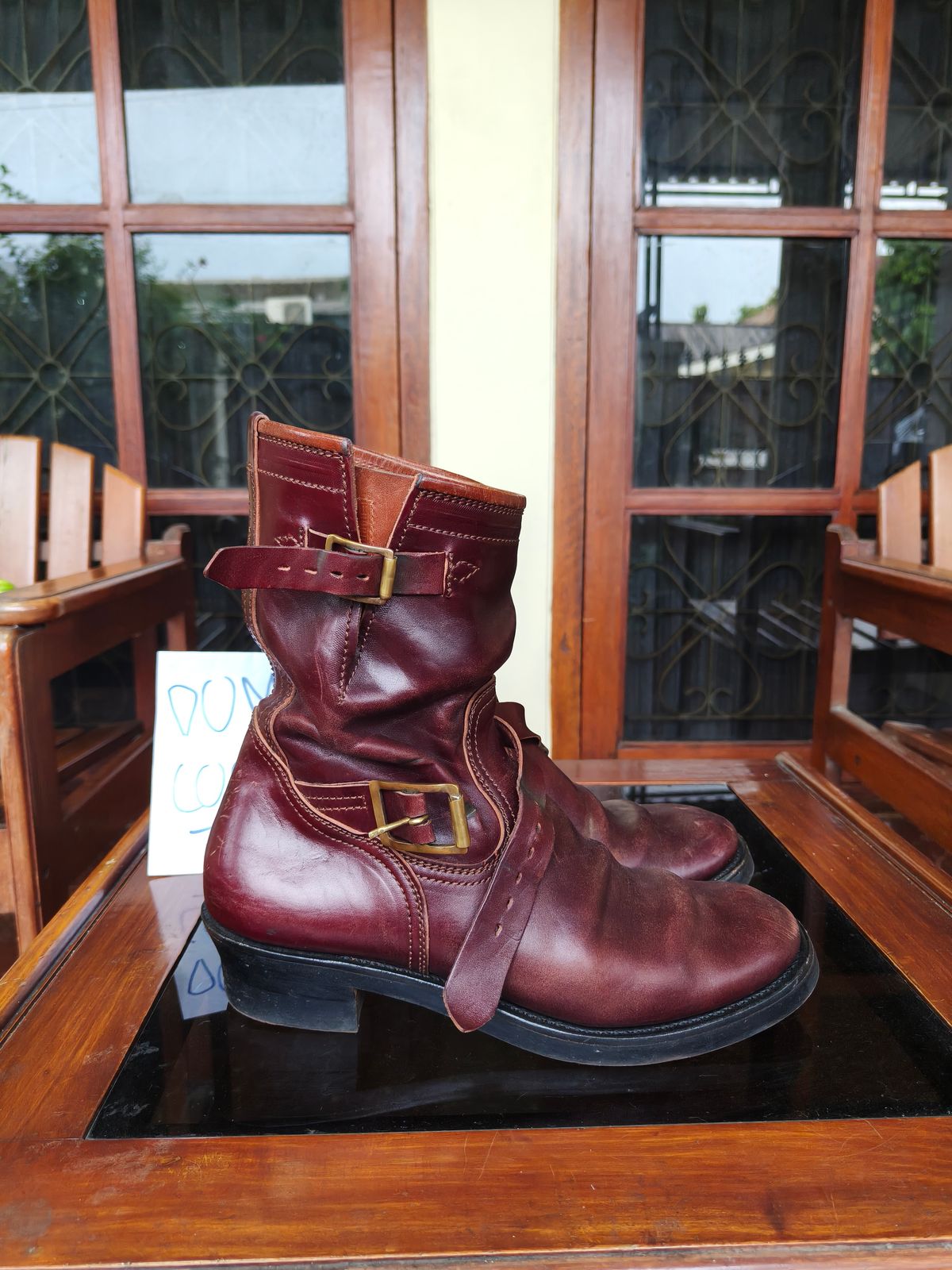 Photo by notyourordinaryfade on November 3, 2025 of the Briselblack The Keeper 'Type 3' Engineer Boots in Maryam Toscanello Horsebutt Overdyed Oxblood.