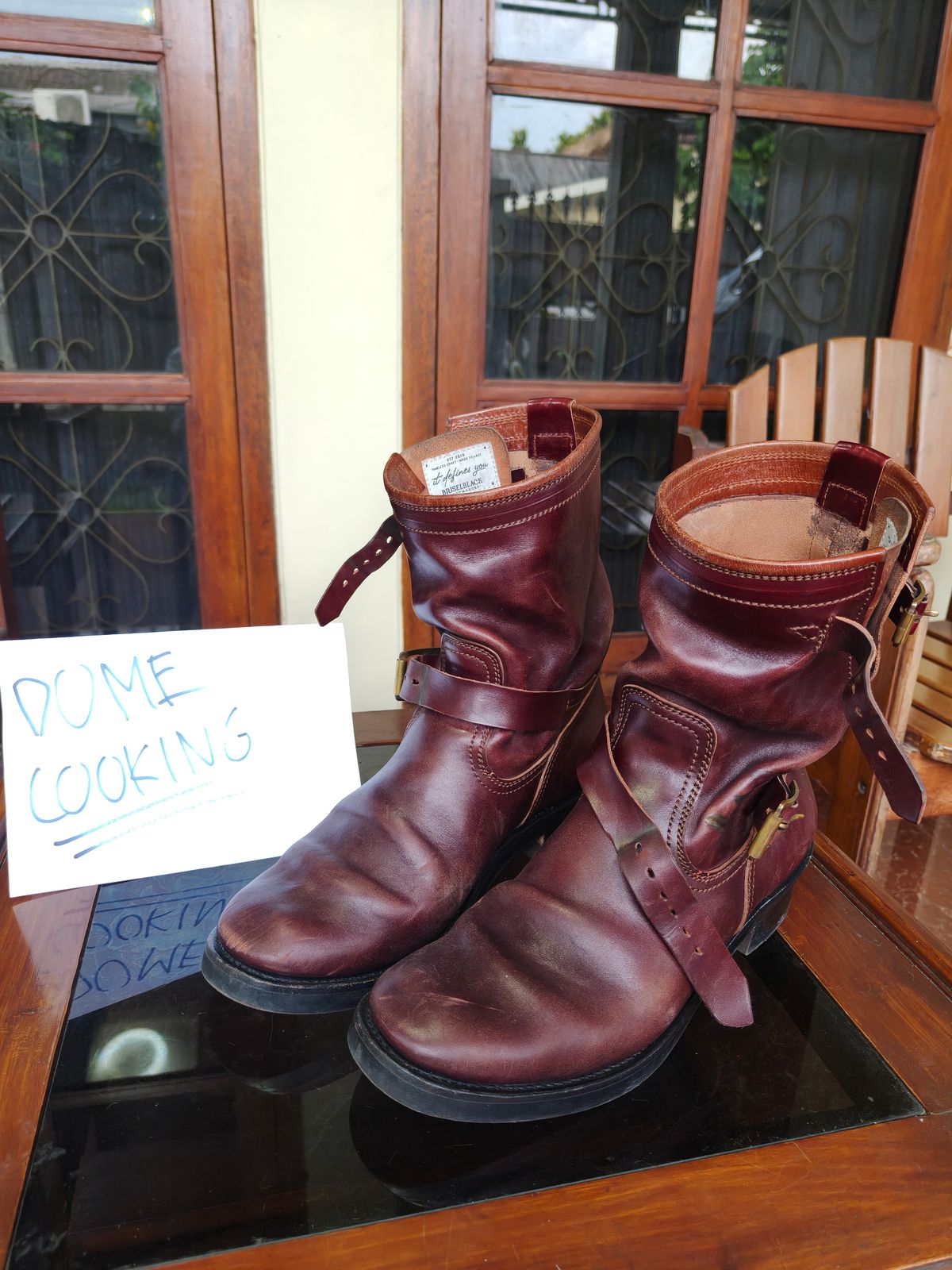 Photo by notyourordinaryfade on November 3, 2025 of the Briselblack The Keeper 'Type 3' Engineer Boots in Maryam Toscanello Horsebutt Overdyed Oxblood.