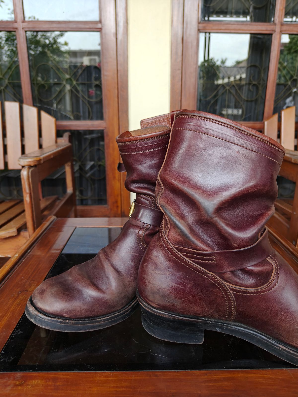 Photo by notyourordinaryfade on March 3, 2026 of the Briselblack The Keeper 'Type 3' Engineer Boots in Maryam Toscanello Horsebutt Overdyed Oxblood.