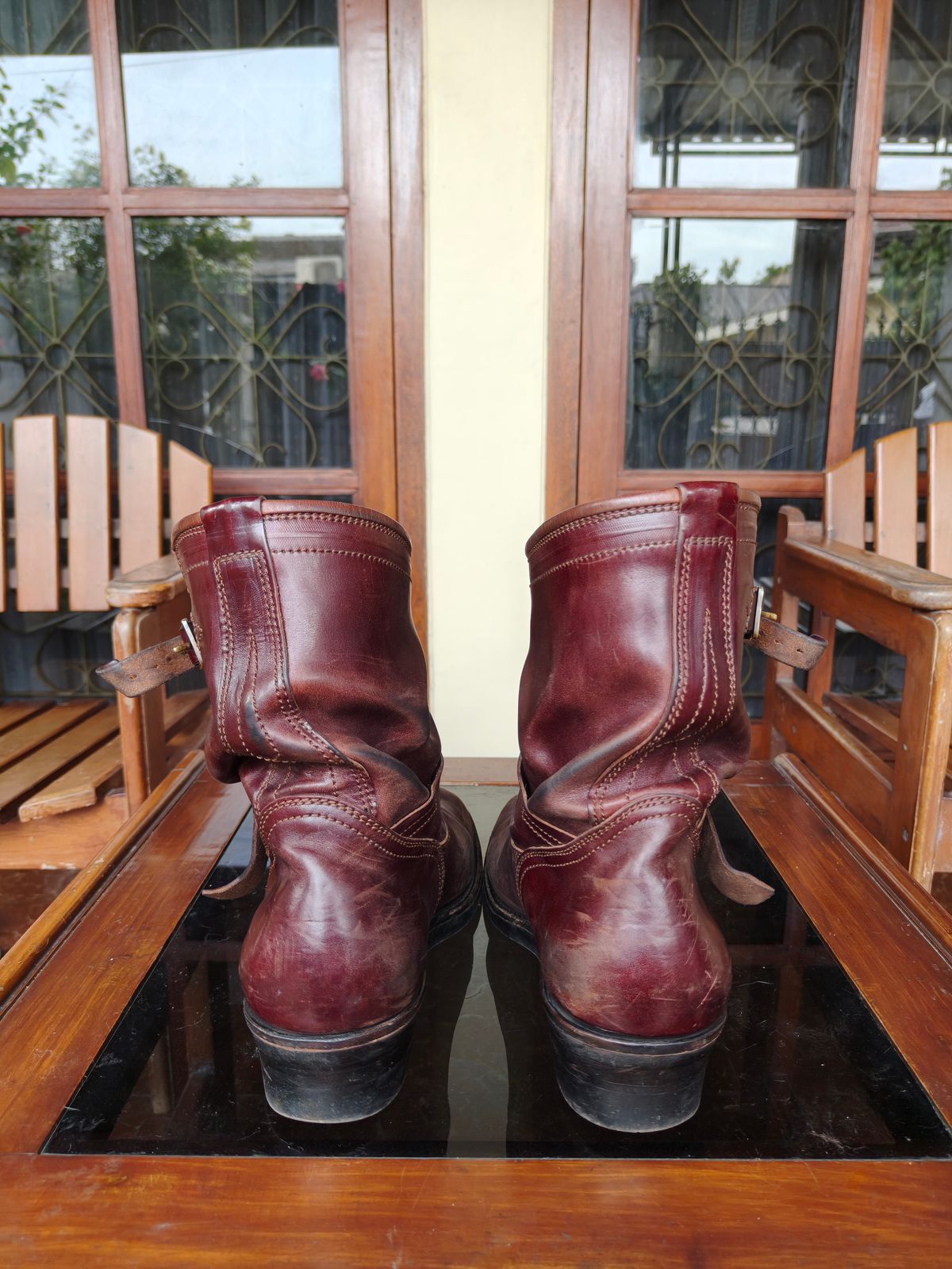 Photo by notyourordinaryfade on March 3, 2026 of the Briselblack The Keeper 'Type 3' Engineer Boots in Maryam Toscanello Horsebutt Overdyed Oxblood.