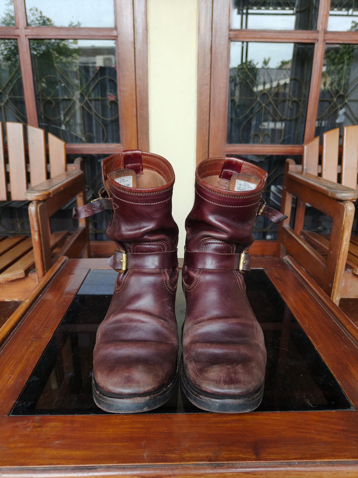 Photo by notyourordinaryfade on March 3, 2026 of the Briselblack The Keeper 'Type 3' Engineer Boots in Maryam Toscanello Horsebutt Overdyed Oxblood.