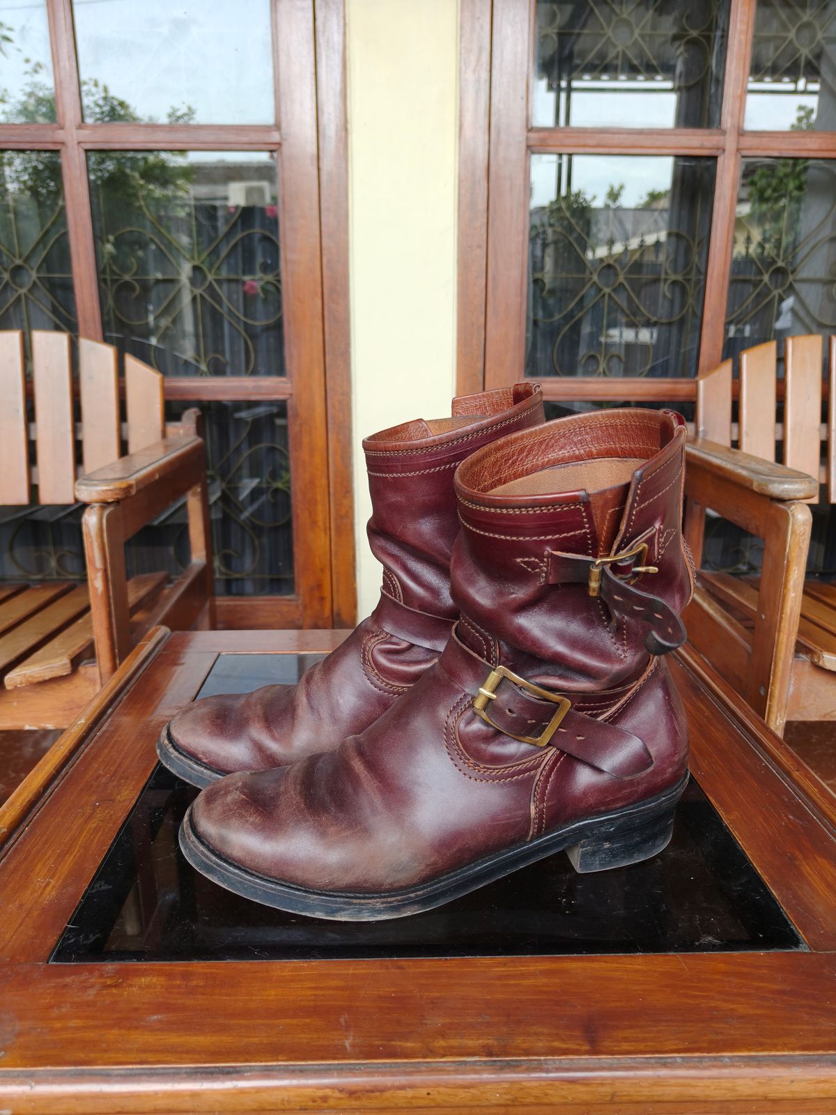 Photo by notyourordinaryfade on March 3, 2026 of the Briselblack The Keeper 'Type 3' Engineer Boots in Maryam Toscanello Horsebutt Overdyed Oxblood.