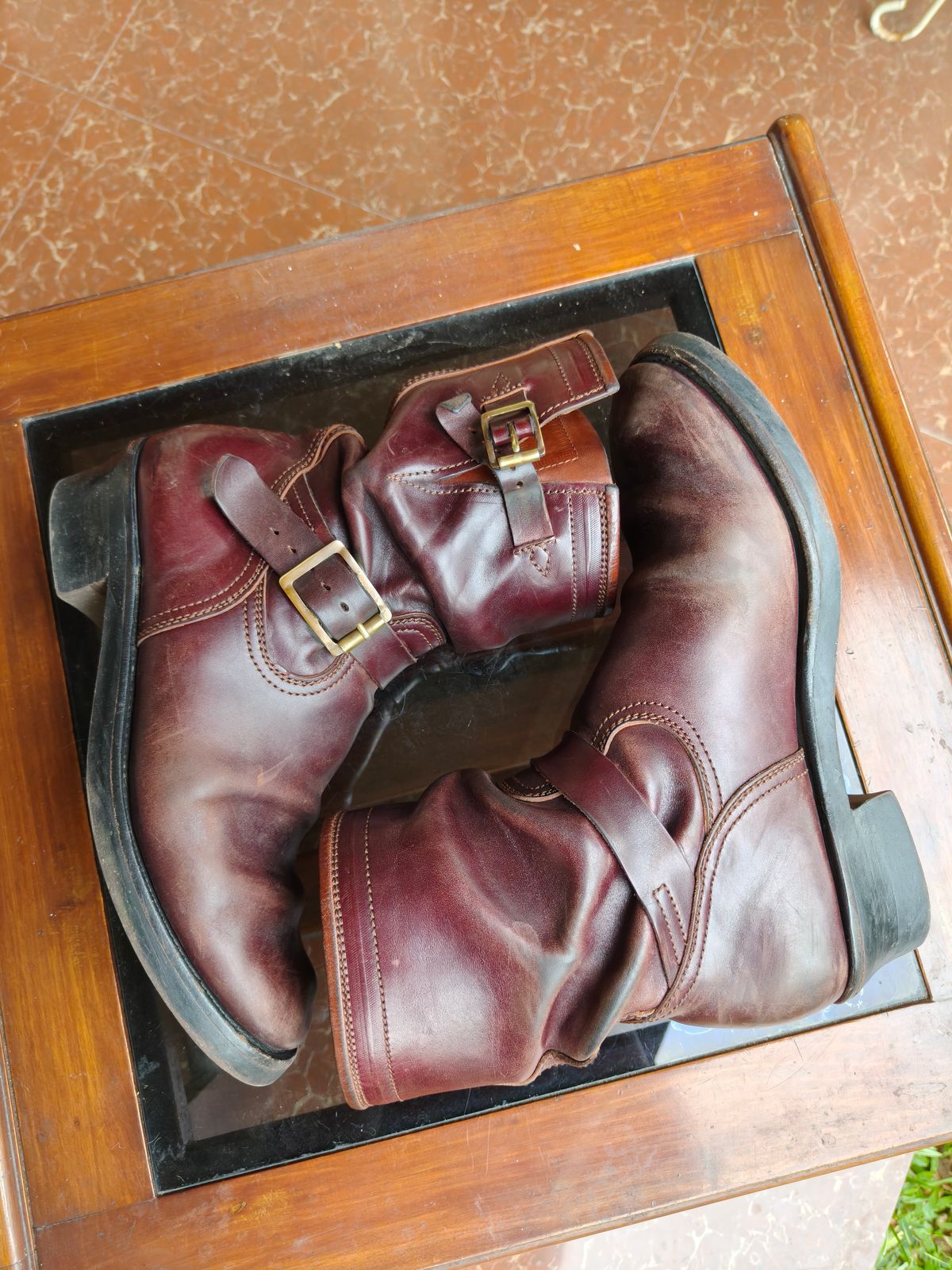 Photo by notyourordinaryfade on March 3, 2026 of the Briselblack The Keeper 'Type 3' Engineer Boots in Maryam Toscanello Horsebutt Overdyed Oxblood.