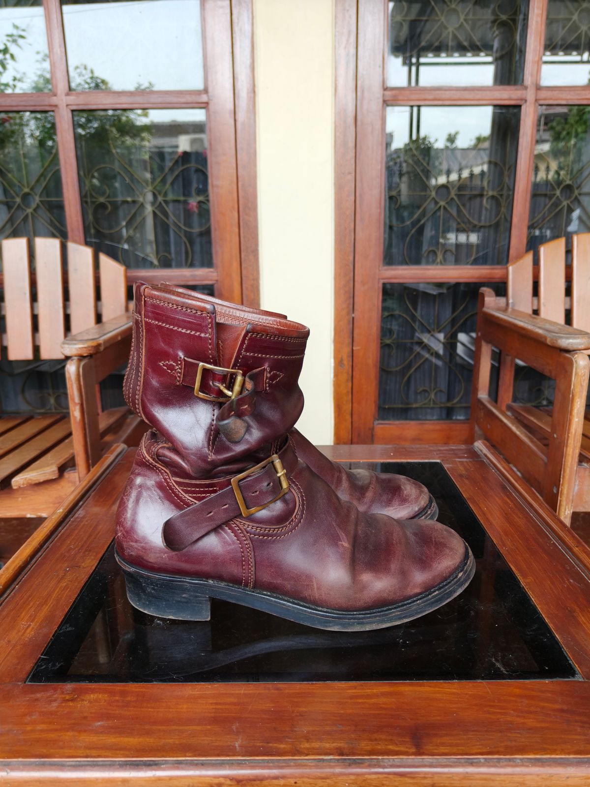 Photo by notyourordinaryfade on March 3, 2026 of the Briselblack The Keeper 'Type 3' Engineer Boots in Maryam Toscanello Horsebutt Overdyed Oxblood.