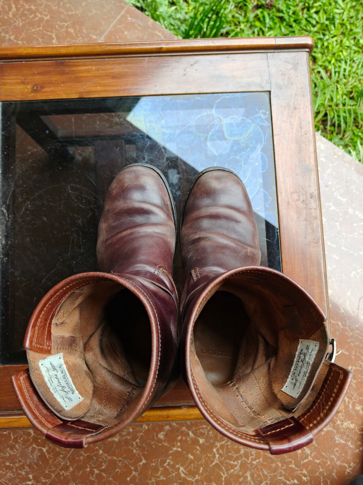 Photo by notyourordinaryfade on March 3, 2026 of the Briselblack The Keeper 'Type 3' Engineer Boots in Maryam Toscanello Horsebutt Overdyed Oxblood.