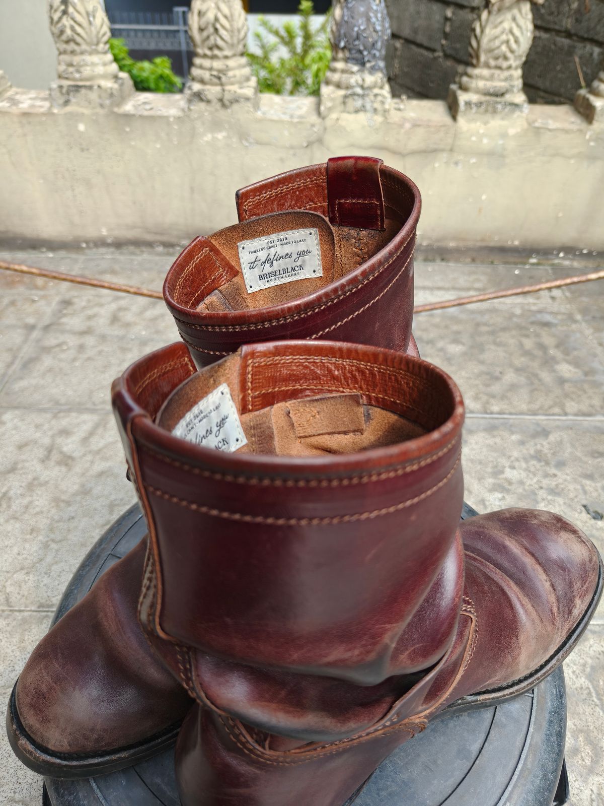 Photo by notyourordinaryfade on April 3, 2026 of the Briselblack The Keeper 'Type 3' Engineer Boots in Maryam Toscanello Horsebutt Overdyed Oxblood.