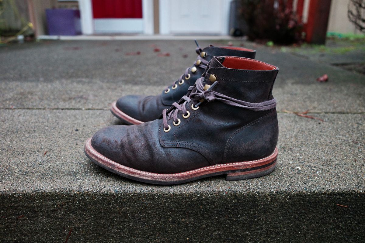 Photo by jct on January 2, 2026 of the Grant Stone Diesel Boot in C.F. Stead Earth Waxy Commander Suede.
