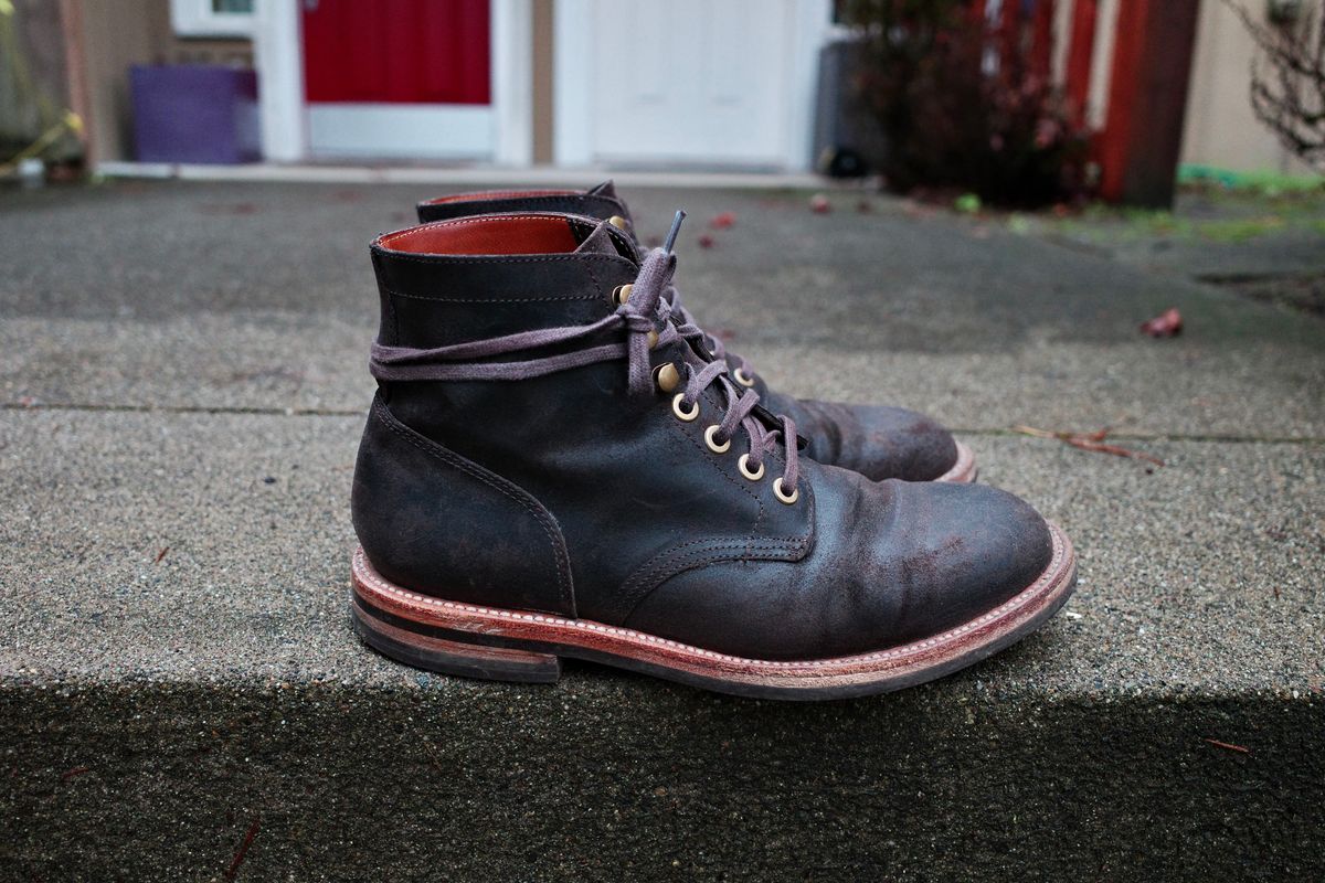 Photo by jct on January 2, 2026 of the Grant Stone Diesel Boot in C.F. Stead Earth Waxy Commander Suede.