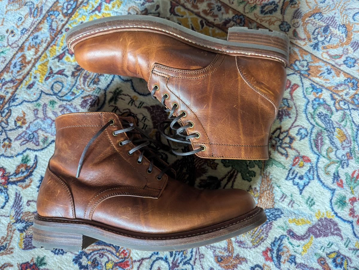 Photo by pilechko on September 15, 2025 of the Caswell Boot Company Lisbon in C.F. Stead Caramel Classic Oiled Shoulder.