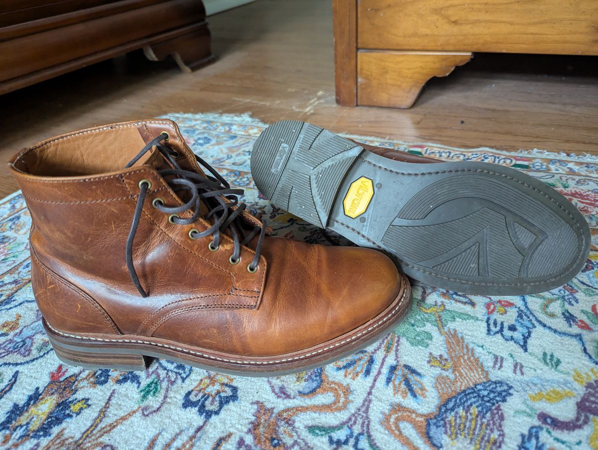 Photo by pilechko on September 15, 2025 of the Caswell Boot Company Lisbon in C.F. Stead Caramel Classic Oiled Shoulder.