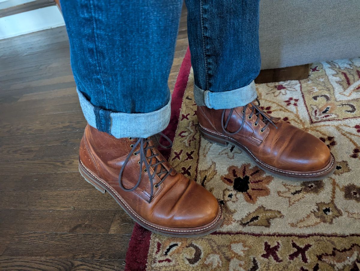 Photo by pilechko on November 17, 2025 of the Caswell Boot Company Lisbon in C.F. Stead Caramel Classic Oiled Shoulder.
