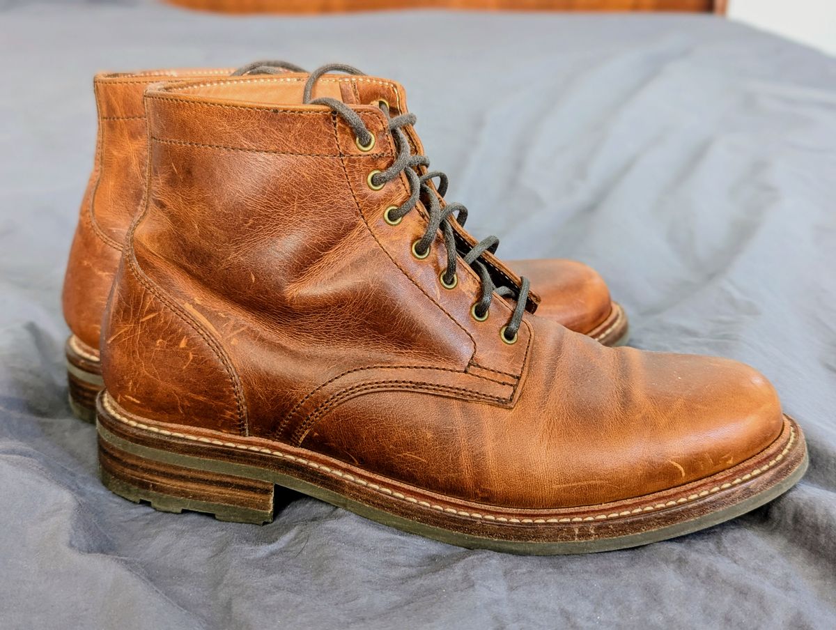 Photo by pilechko on December 1, 2025 of the Caswell Boot Company Lisbon in C.F. Stead Caramel Classic Oiled Shoulder.